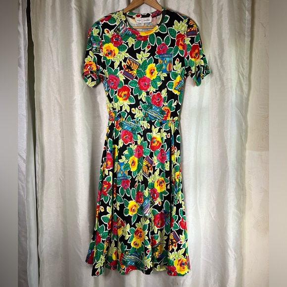 Vintage 80’s RARE Sara Campbell Black Colorful Tropical Map Print Maxi Dress - Picture 1 of 5